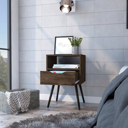 Tuhome Otom Nightstand, Superior Top, One Open Shelf, One Drawer, Four Legs, Dark Walnut MLC6731